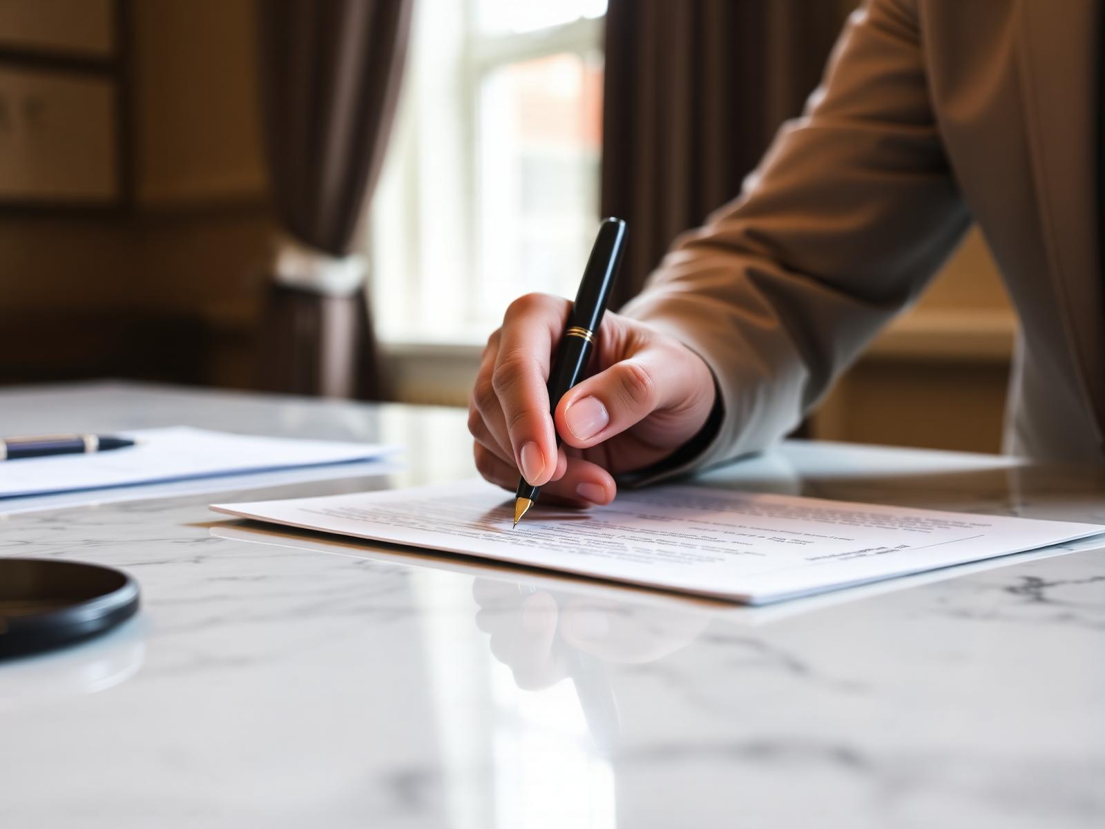 Hand signing a legal document with a fountain pen